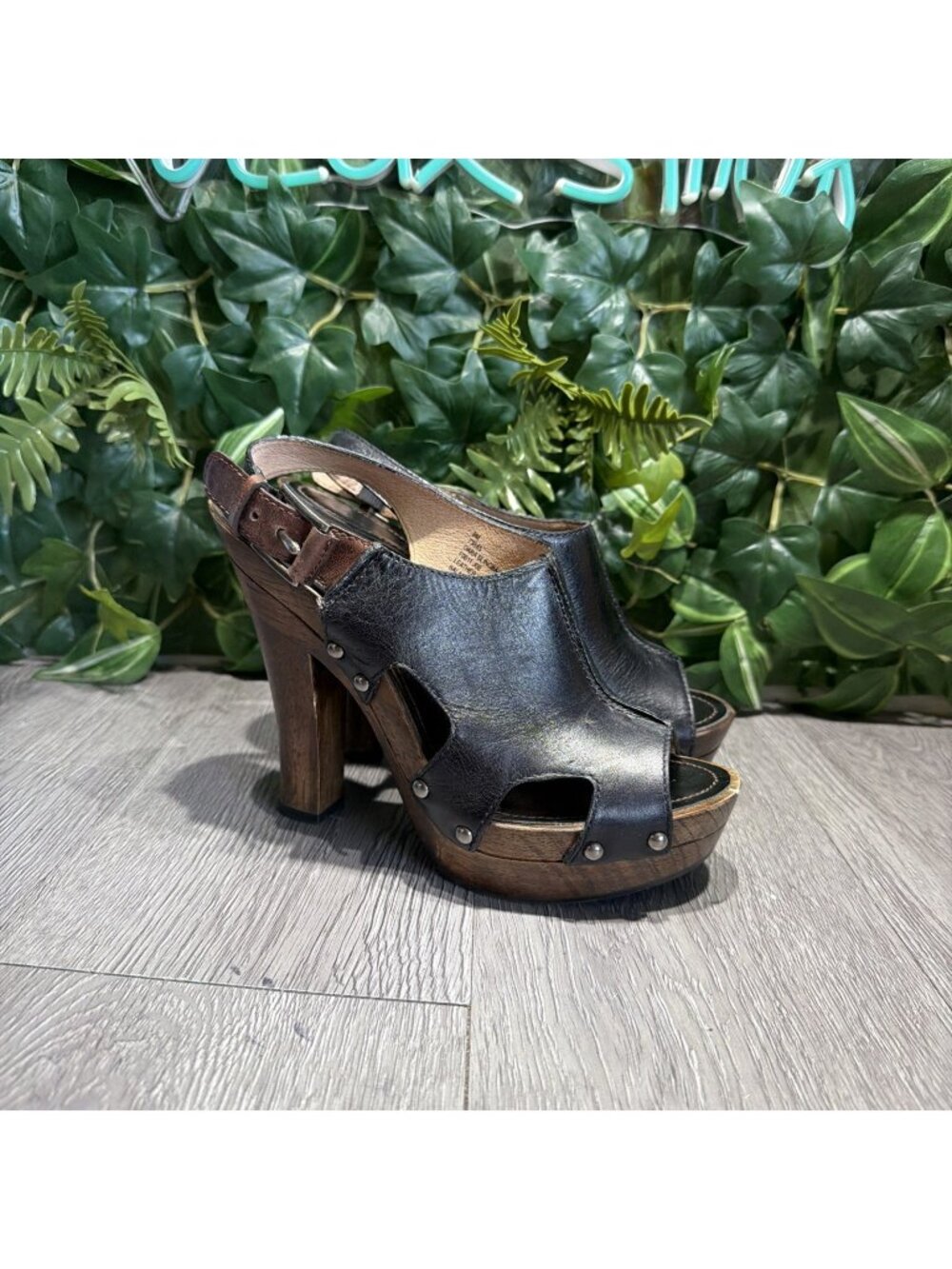 Frye Dara Slingback Black Leather Platform 5" Heel Peep Toe Women Shoe Size 8 M